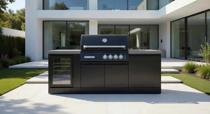Modern outdoor kitchen with a black grill in front of a white house.