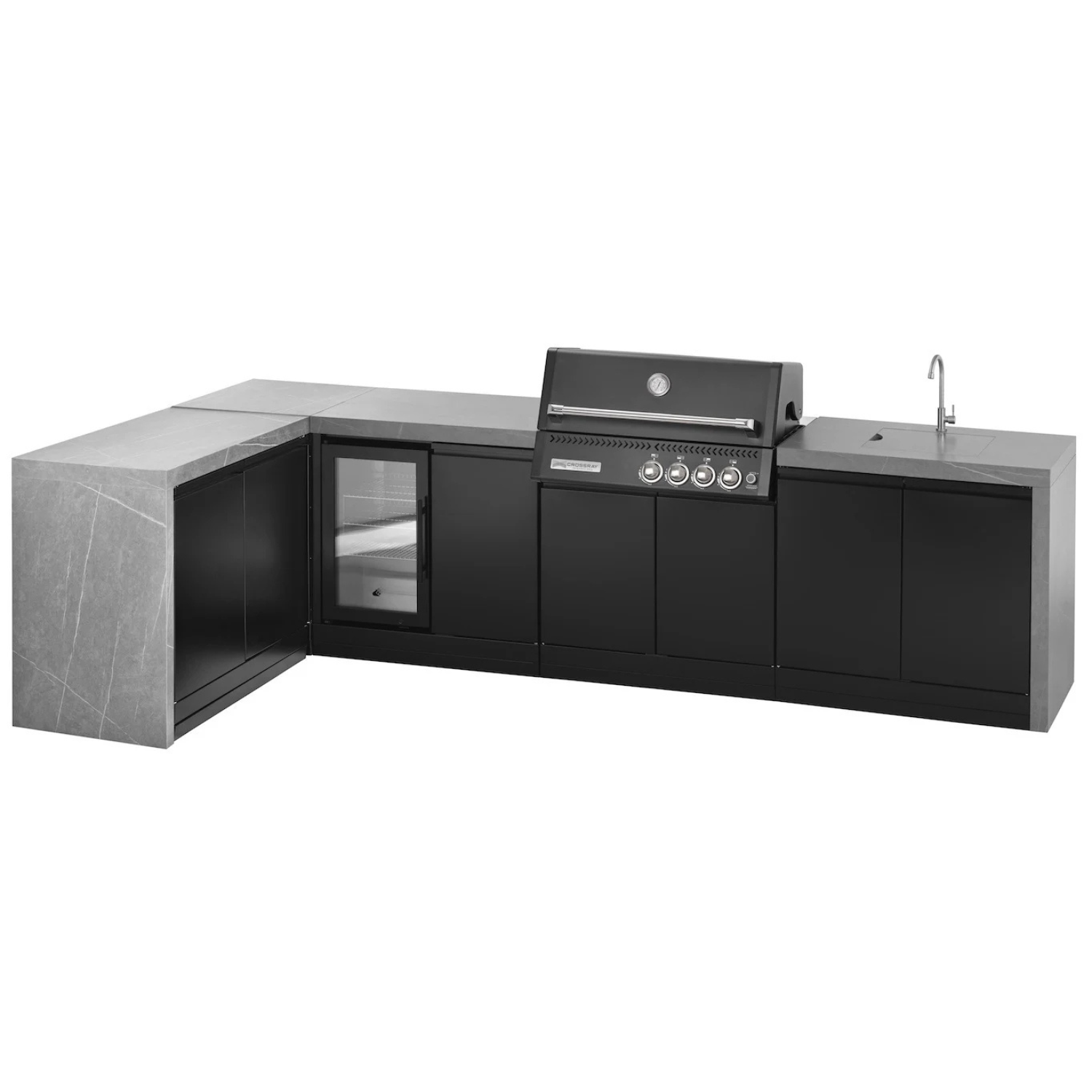 GrandPro L shape Outdoor Kitchen with Black CrossRay 4 Burner BBQ, Sink and Fridge - OutdoorLux