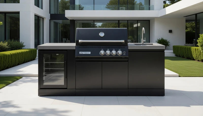 Modern outdoor kitchen with a black grill and refrigerator in a suburban setting.