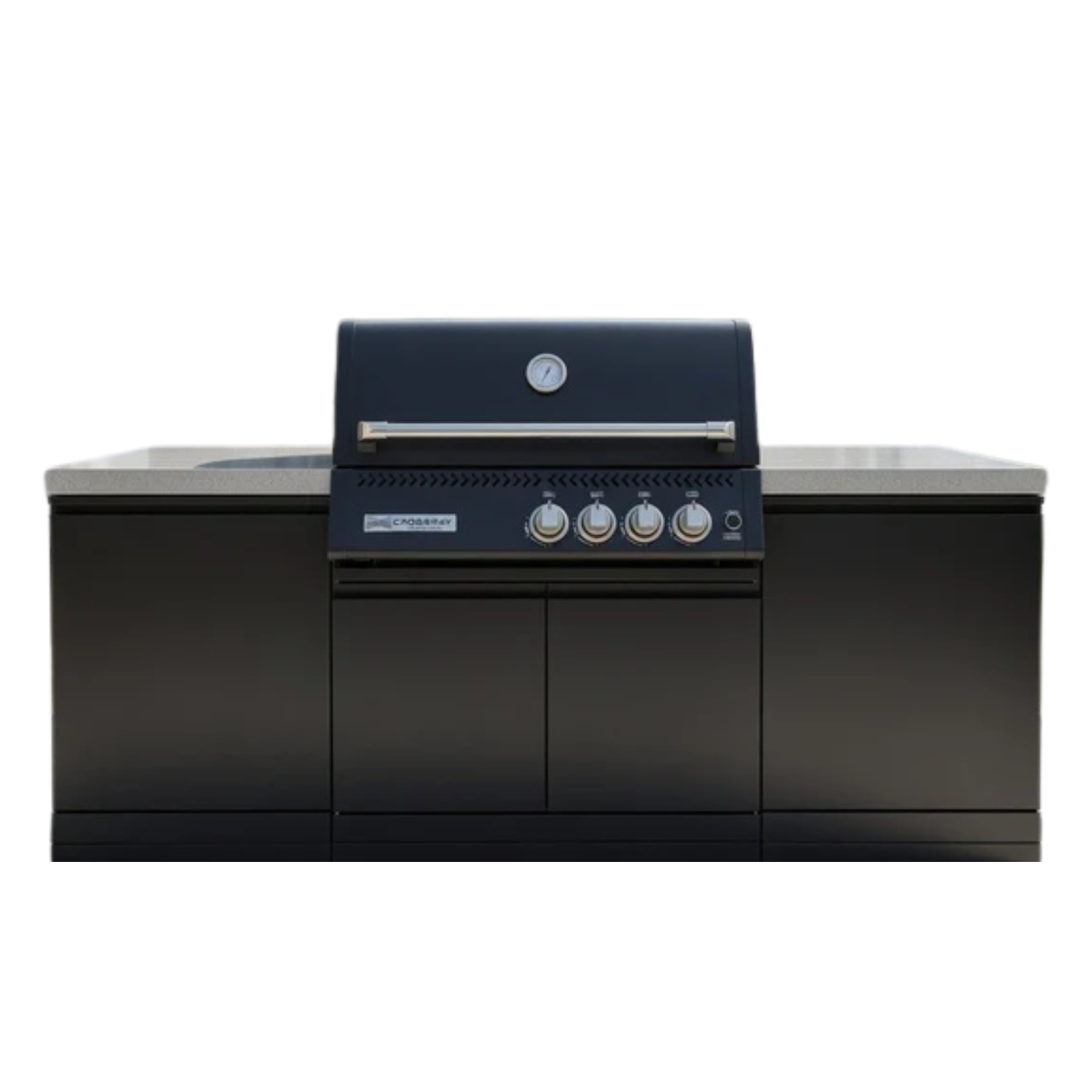 Black outdoor kitchen grill and cabinets on a white background