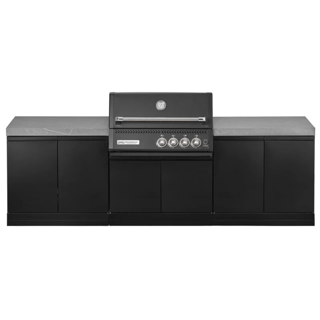 GrandPro Outdoor Kitchen with Black CrossRay 4 Burner BBQ, - 2.8m - OutdoorLux