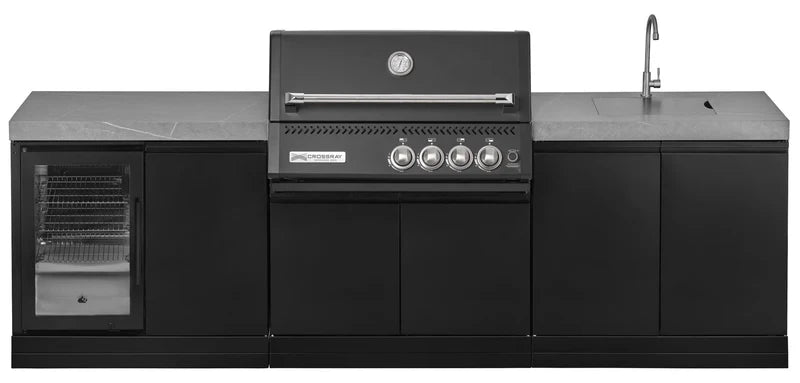 GrandPro Outdoor Kitchen with Black CrossRay 4 Burner BBQ, Fridge and Sink - 2.8m