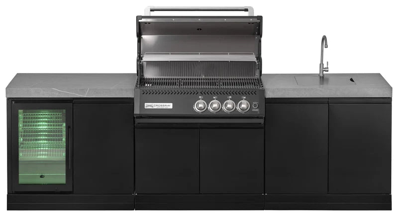 GrandPro Outdoor Kitchen with Black CrossRay 4 Burner BBQ, Fridge and Sink - 2.8m