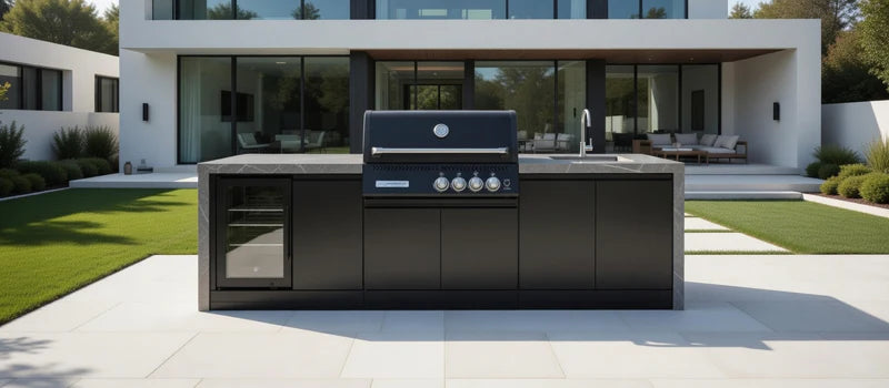 GrandPro Outdoor Kitchen with Black CrossRay 4 Burner BBQ, Sink, Fridge and WaterFall - 2.9m