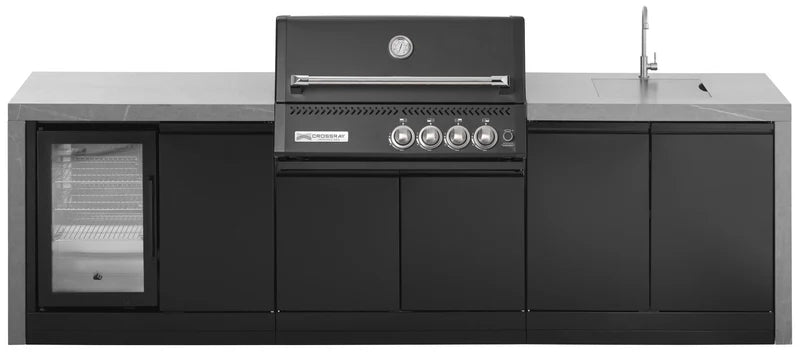 GrandPro Outdoor Kitchen with Black CrossRay 4 Burner BBQ, Sink, Fridge and WaterFall - 2.9m