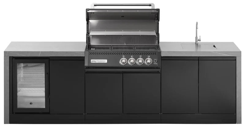 GrandPro Outdoor Kitchen with Black CrossRay 4 Burner BBQ, Sink, Fridge and WaterFall - 2.9m
