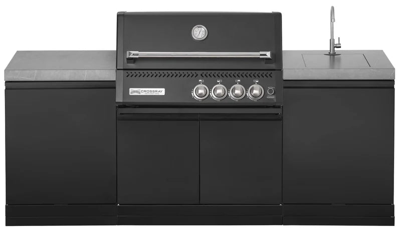 GrandPro Outdoor Kitchen with Black CrossRay 4 Burner BBQ, and Sink - 2.2m