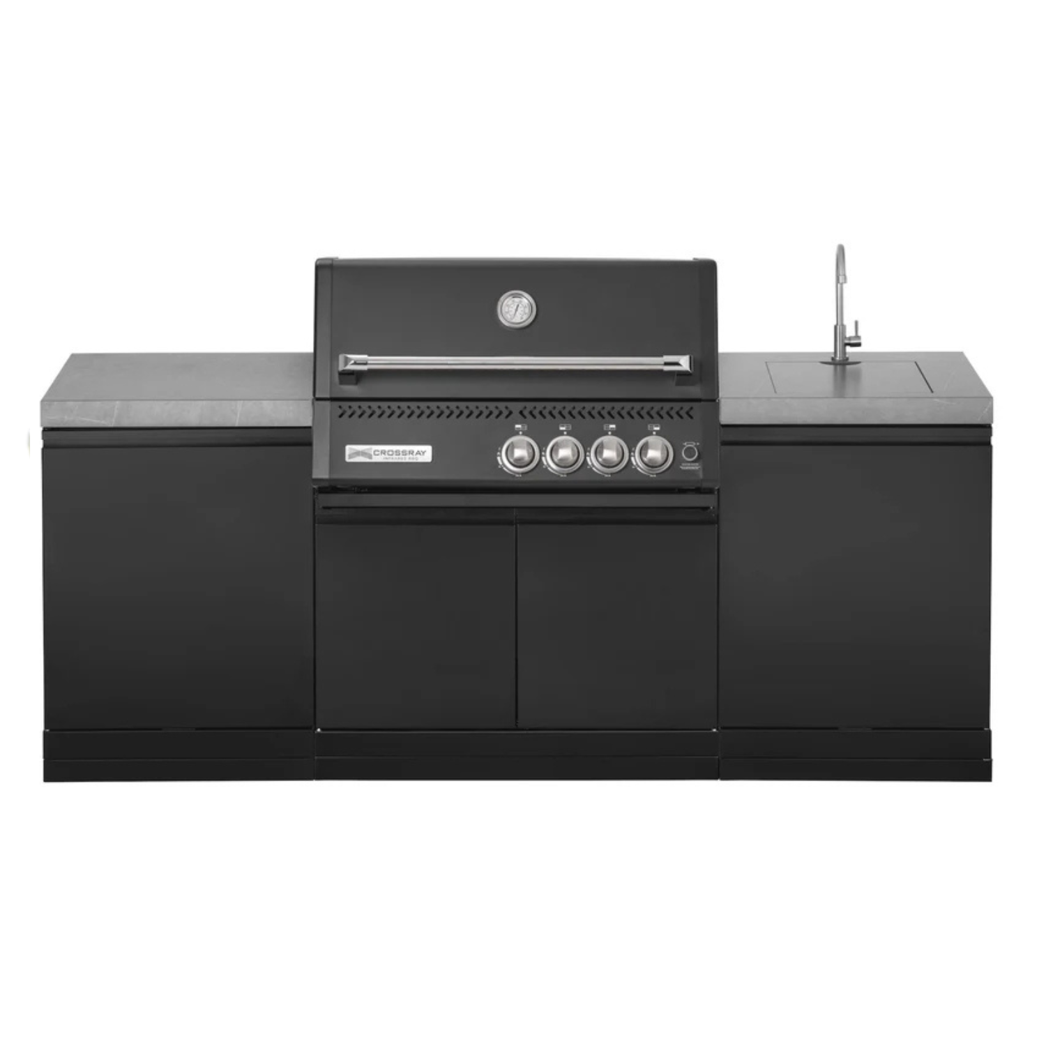 GrandPro Outdoor Kitchen with Black CrossRay 4 Burner BBQ, and Sink - 2.2m - OutdoorLux