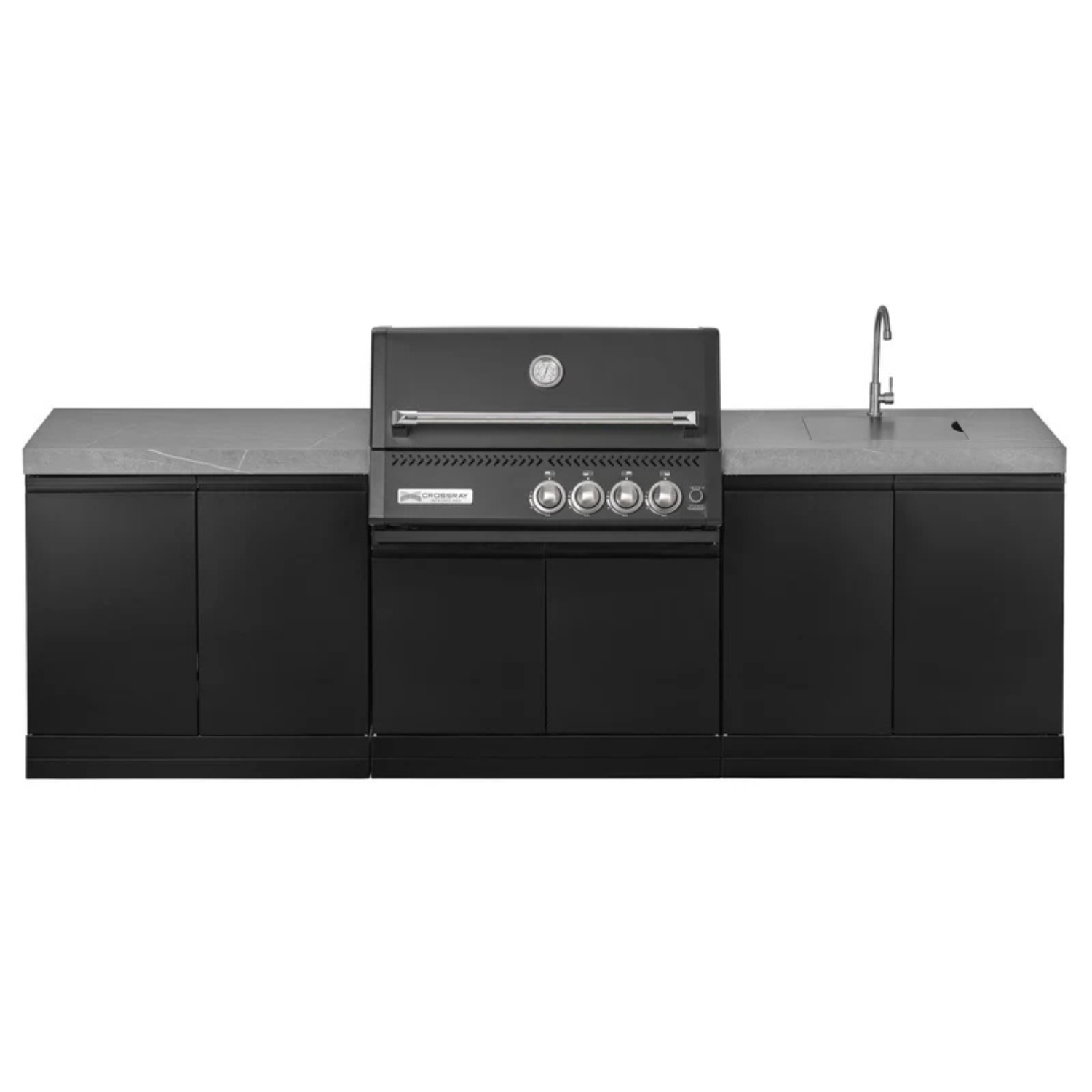 GrandPro Outdoor Kitchen with Black CrossRay 4 Burner BBQ, and Sink - 2.8m - OutdoorLux