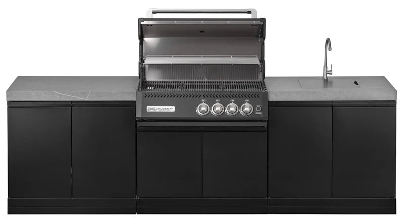 GrandPro Outdoor Kitchen with Black CrossRay 4 Burner BBQ, and Sink - 2.8m