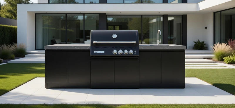 GrandPro Outdoor Kitchen with Black CrossRay 4 Burner BBQ, and Sink - 2.8m