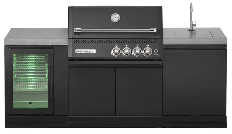 GrandPro Outdoor Kitchen with Black CrossRay 4 Burner BBQ, Sink and Fridge - 2.2m