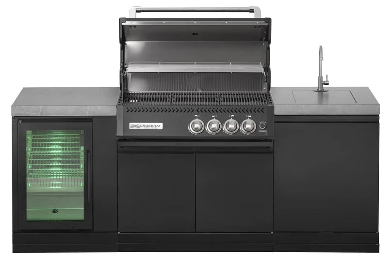GrandPro Outdoor Kitchen with Black CrossRay 4 Burner BBQ, Sink and Fridge - 2.2m