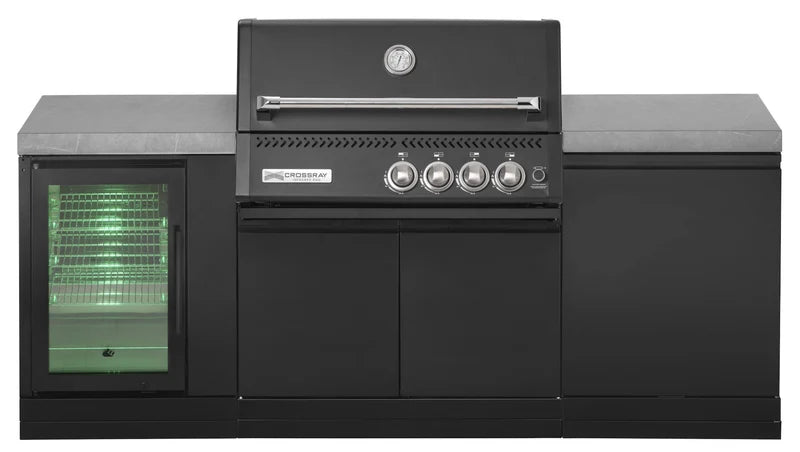 GrandPro Outdoor Kitchen with Black CrossRay 4 Burner BBQ, and Fridge - 2.2m