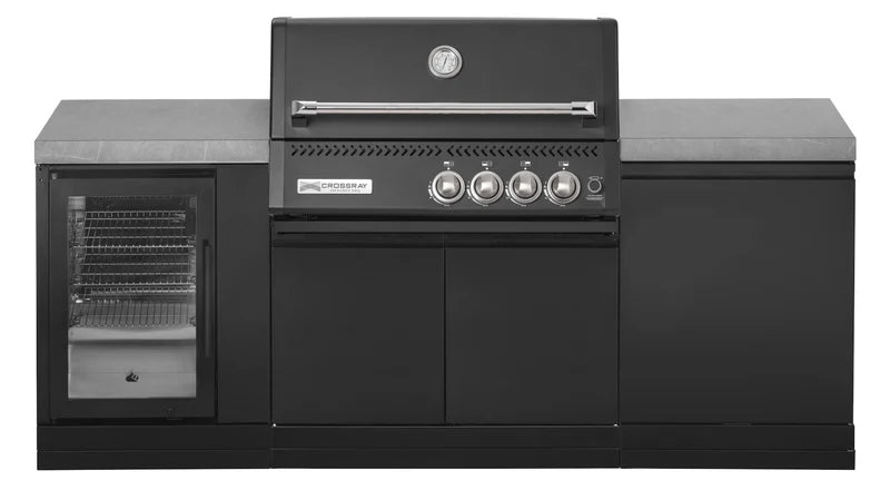 GrandPro Outdoor Kitchen with Black CrossRay 4 Burner BBQ, and Fridge - 2.2m