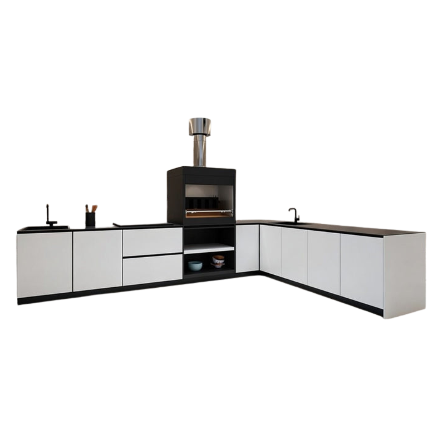 Hoppilif Outdoor Kitchen | L-Shape with On Counter Oven, & Sink – Brillant White (4.2 m x 3m)-OutdoorLux
