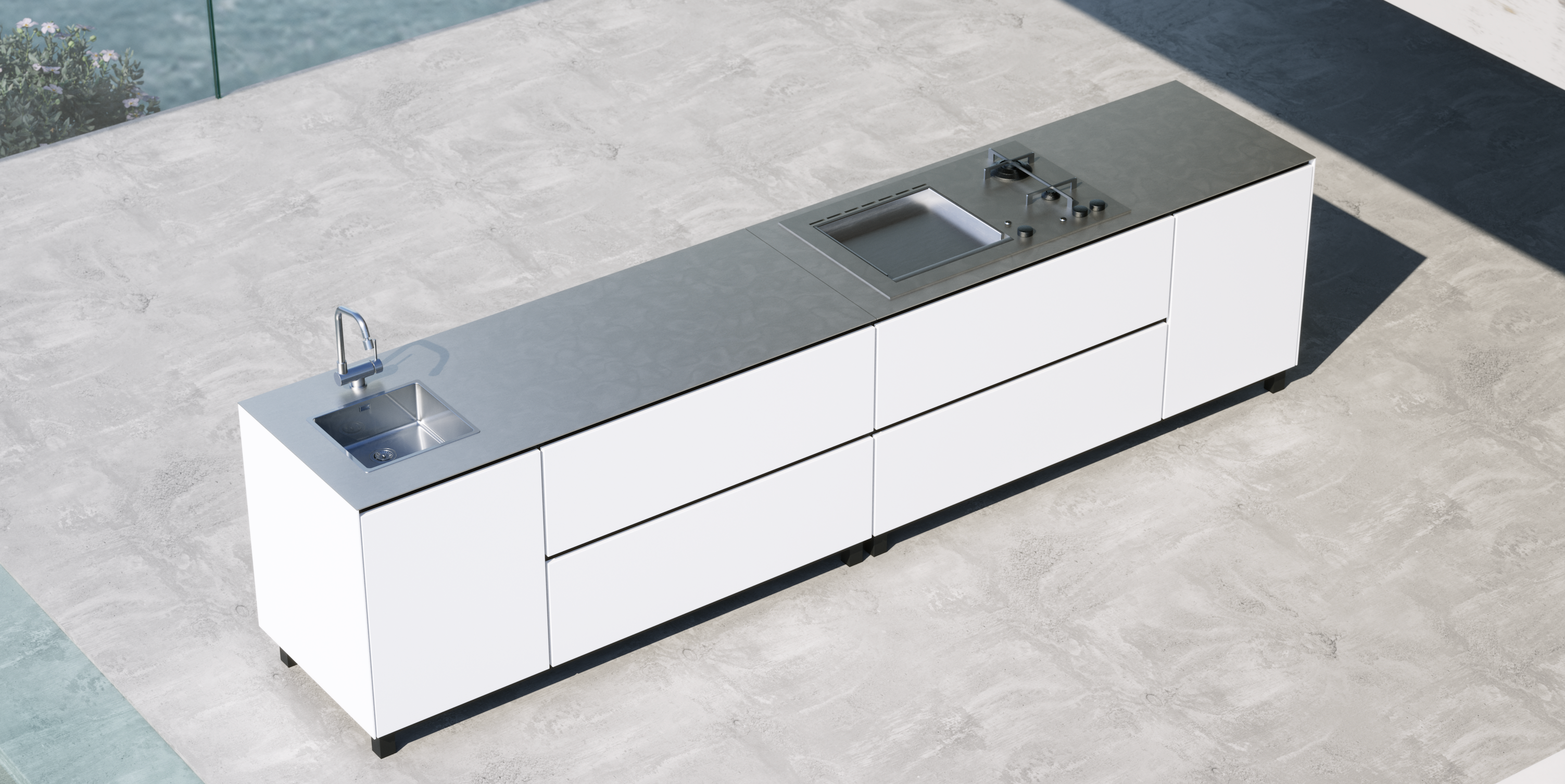 Hoppilif 3.6m Beige Champagne Outdoor Kitchen with BeefEater Proline and Sink-OutdoorLux