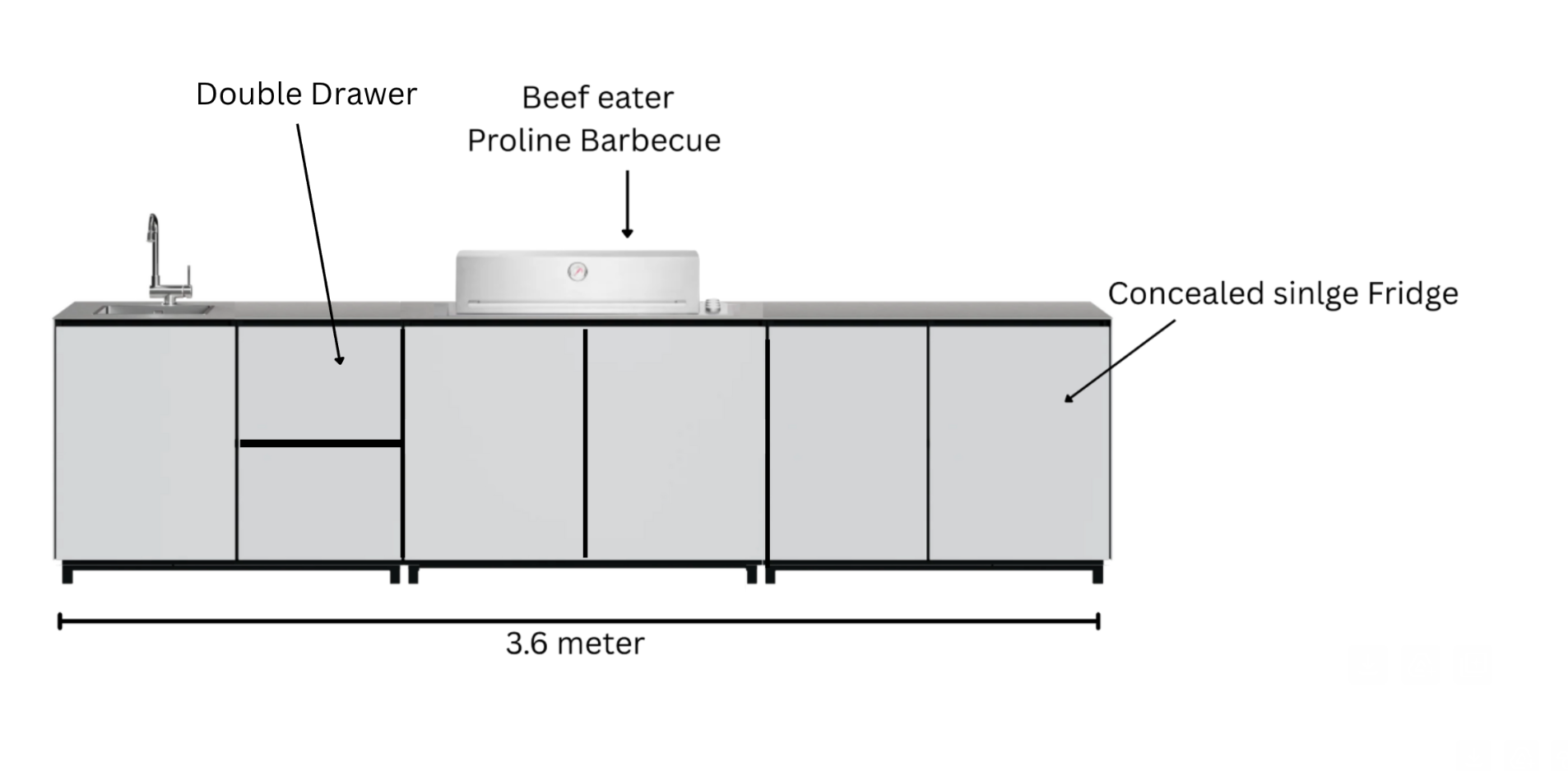 Hoppilif 3.6m Outdoor Kitchen with BeefEater Proline Grill and Sink-OutdoorLux