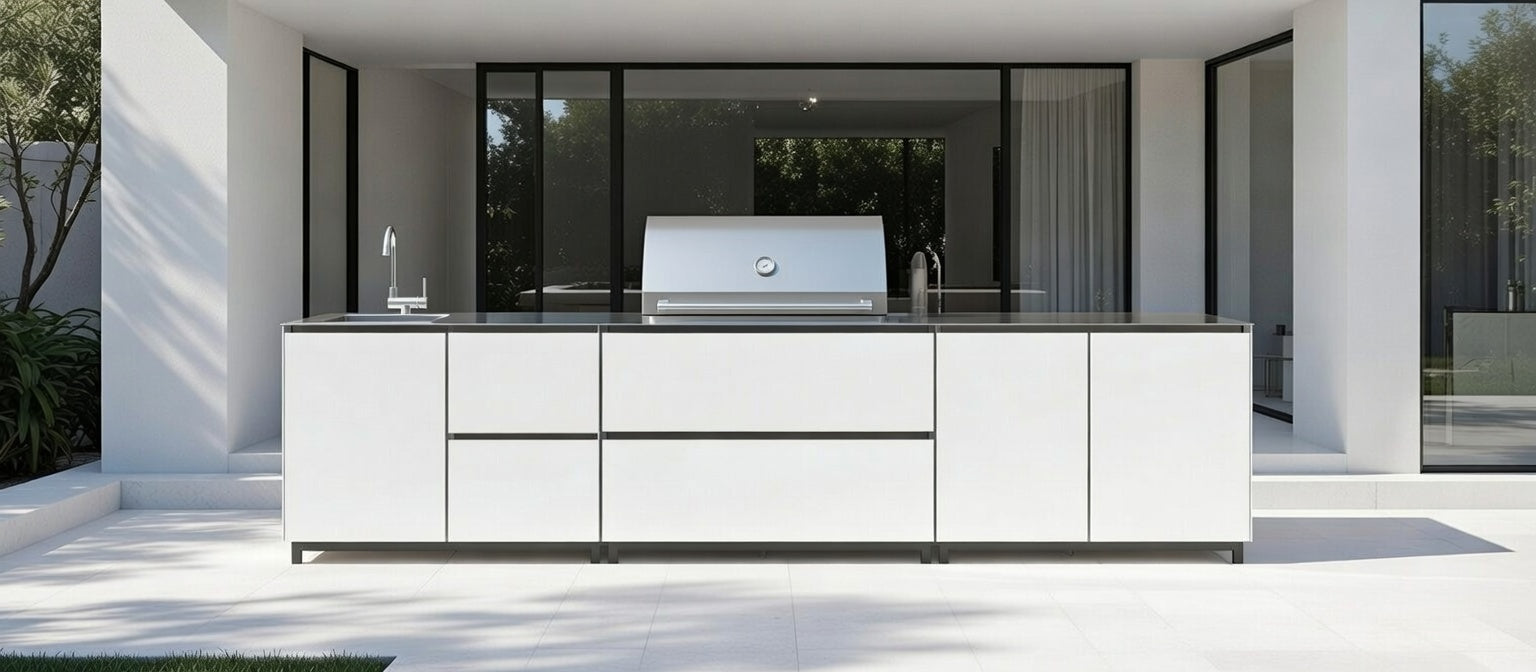 Hoppilif 3.6m White Outdoor Kitchen with BeefEater Proline BBQ and Sink-OutdoorLux