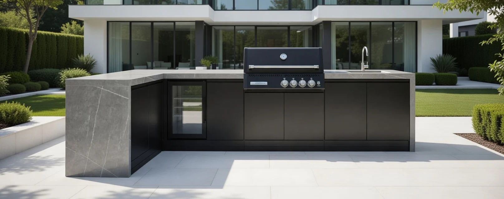 GrandPro L shape Outdoor Kitchen with Black CrossRay 4 Burner BBQ, Sink and Fridge