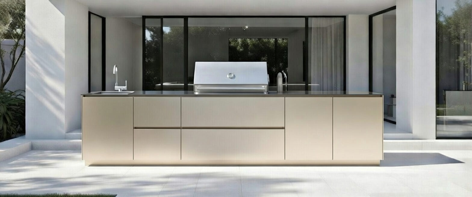 Hoppilif 3.6m Beige Champagne Outdoor Kitchen with BeefEater Proline and Sink-OutdoorLux