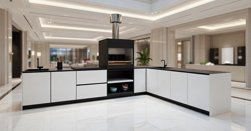 Hoppilif Outdoor Kitchen | L-Shape with On Counter Oven, & Sink – Brillant White (4.2 m x 3m)-OutdoorLux