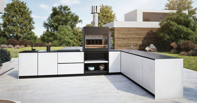 Hoppilif Outdoor Kitchen | L-Shape with On Counter Oven, & Sink – Brillant White (4.2 m x 3m)-OutdoorLux